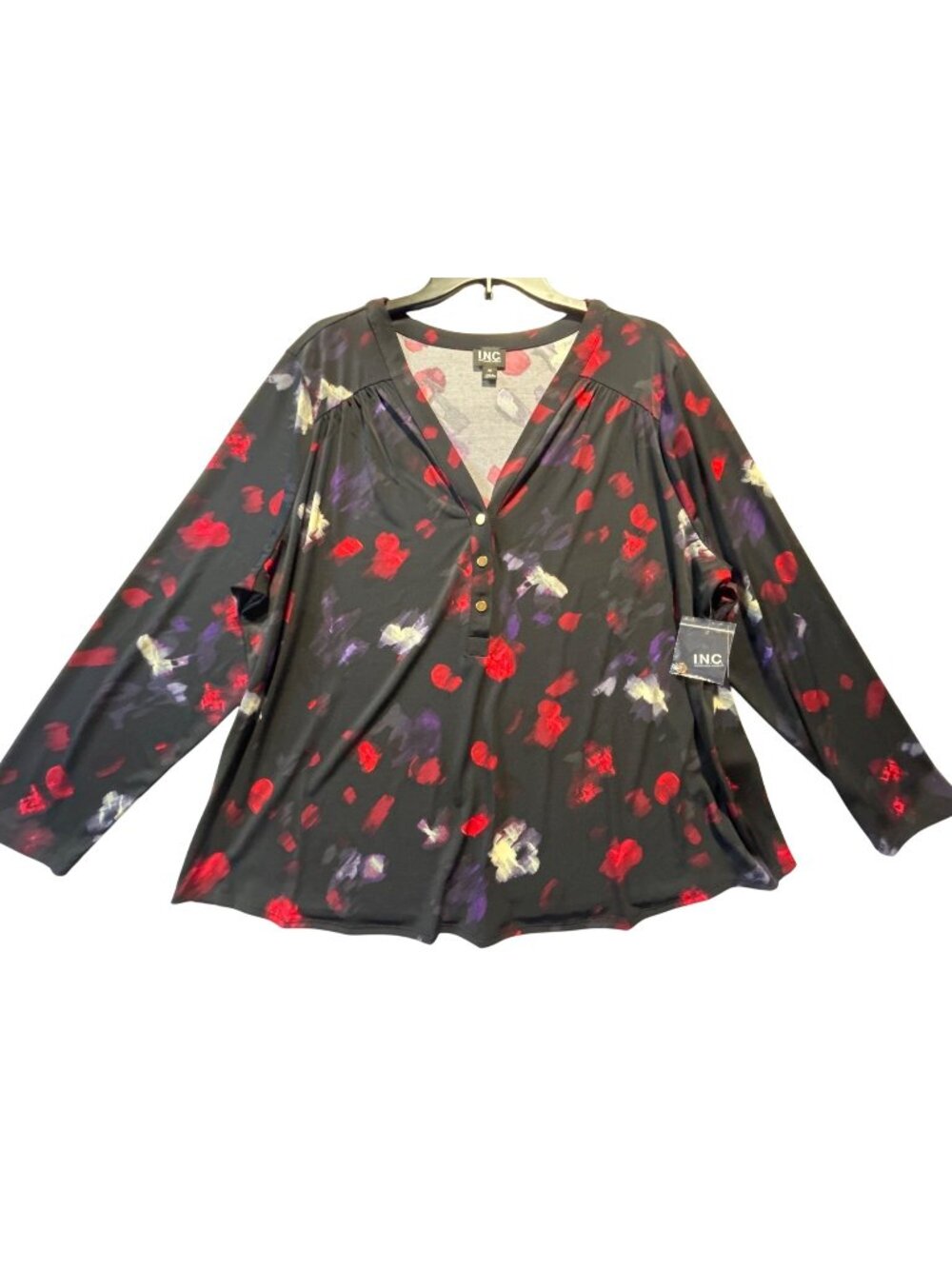 INC Womens Plus Size 2X Blouse Ava Blooms Black Long Sleeve Button Detail